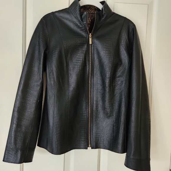 Chicos Reversible Leather Jacket Blazer Animal Print Alligator Snake Metallic XS - Picture 10 of 13